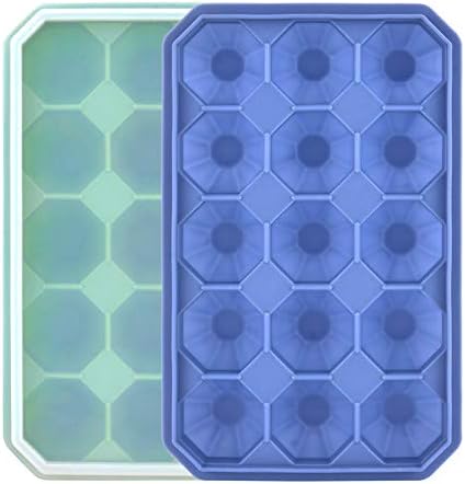 Ice Cube Trays with Silicone Lid, 15 Grid Diamond Shaped Ice Tray Easy Release Stackable Ice Cube Mold, 2 Pack (Grey Blue+Green)