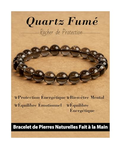 Landorilo Bracelet en Pierre Naturelle de 8 mm Fait à la Main pour Homme et Femme, Bracelets de Yoga Élastique Hautement Poli, Cadeaux de Bijoux Créatifs(Quartz Fumé)