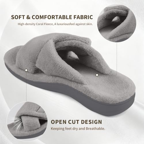 Image of BCSTUDIO Women's Orthopedic House Fuzzy Slippers with Arch Support | Plantar Fasciitis Relief Orthotic Furry Slippers, Open Toe, Cross-Band, Non-slip Sole, Machine Washable, Indoor Outdoor