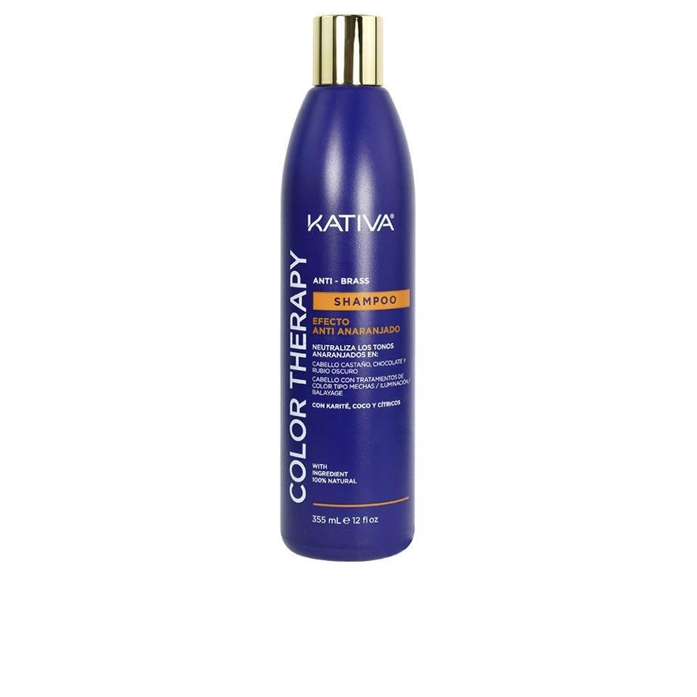KATIVA Color Therapy Anti-Brass| Champú Matizador Azul Efecto Anti-Anaranjado 355 ml | Karité, Coco y Cítricos | Sin Sal, Sulfatos Ni Parabenos | Cabello Castaño Claro o Rubio Oscuro
