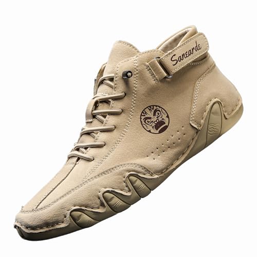 Sanearde Mens Casual Leather Shoes Handmade Hiking High Top Chukka Boots Stylish Lightweight Walking Driving Shoes for Male Beige Size 9