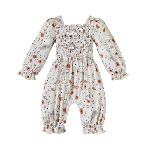 BULINGNA Fashion Toddler Baby Girl Fall Jumpsuit Long Sleeve Ruffle Floral Smocked Romper Playsuit One Piece Outfit 0-24M (Khaki, 12-18 Months)