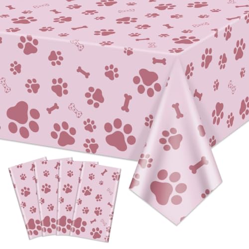 APUXXJUPA Puppy Dog Paw Print Tablecloth, 4 Pcs Pink Pawty Table Covers for Pet Dog Themed Birthday Party Decorations, 51 x 86 inch