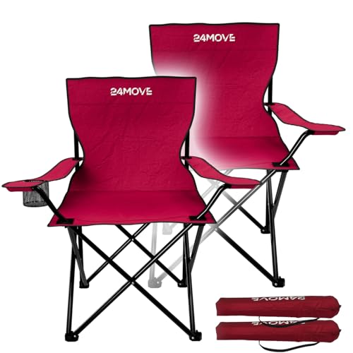 24MOVE® Faltstuhl rot 2er Set Campingstuhl Anglerstuhl mit Getränkehalter - Anglersessel klappbar - Klappstuhl Gartenstuhl Faltstuhl Relaxsessel Campingsessel faltbar, Polyester, draußen oder drinnen