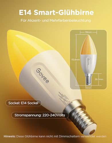 Govee Smarte Glühbirne E14, RGBWW LED Lampe, Funktionieren mit Matter, Alexa, Google Assistant, Smart Bulb E14 Glühbirne 450LM, dimmbare mit 16 Millionen DIY-Farben, 54 Szenen, 2 Stück