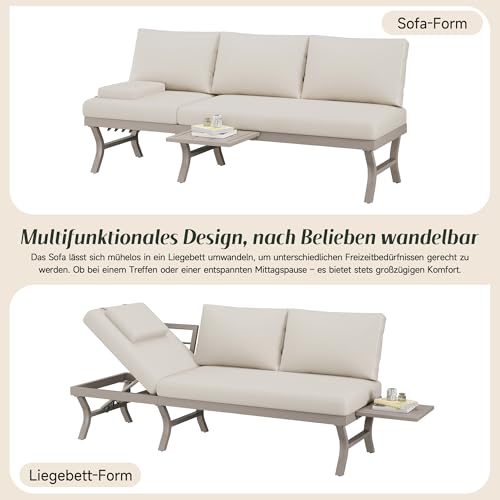 Canapé de jardin 3 places inclinable beige avec table basse réglable