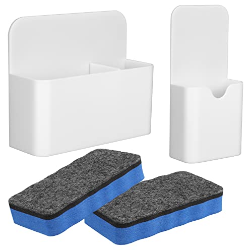 olyee Lot de 2 porte-stylos magnétiques avec 2 éponges pour tableau blanc - Accessoires pour l'école, le bureau, le tableau blanc, le réfrigérateur, le casier (blanc)