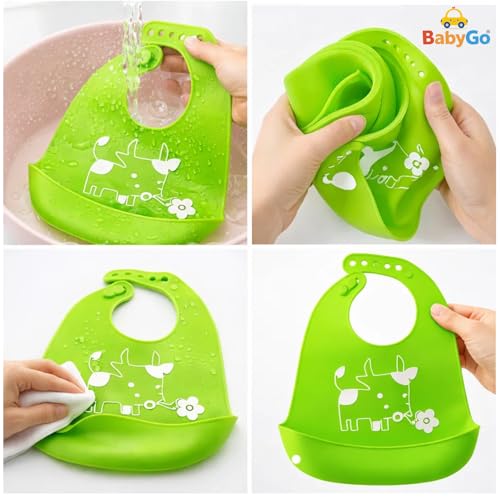 Image of BabyGo Silicone Baby Bib for Feeding & Weaning Infants & Toddlers |Waterproof, Washable & Reusable | Adjustable, Lightweight & Foldable Bib with Food Catcher Pocket |Light Green (Pack of 1)