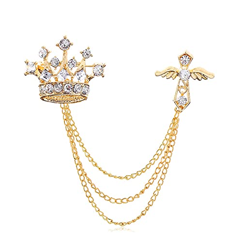 Cross Crown Long Chain Brooch Rhinestone Tassel Brooch Pin Retro Crystal Suit Pins Collar Pin Coat Tassel Chain Lapel Pins for Mens Suit Accessories (Gold)