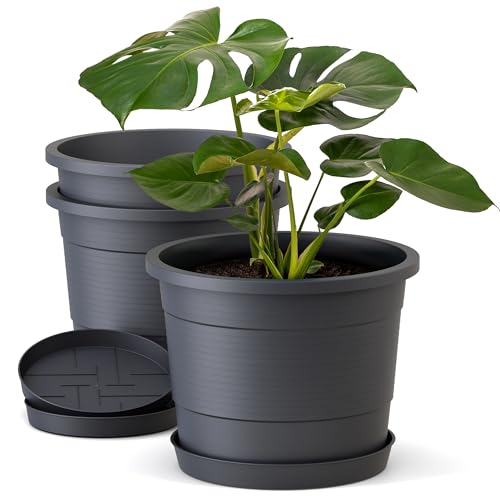 Plastard Blumentopf Terra 3er Set 46 cm Durchmesser Anthrazit - runder Pflanzkübel mit Untersetzer aus Kunststoff - witterungsbeständiger Übertopf, großer Pflanztopf