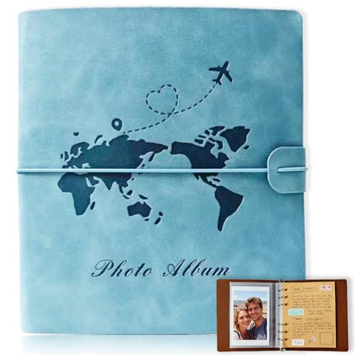 IdeaMarlle Photo Album 4x6 Leather Scrapbook Album with 50 Photos and 20 Writing Paper DIY 6 Ring Binder Photo Album for Wedding Kids Birthday Family Travel (Blue)