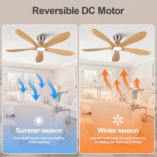 Image of 52 Inch Flush Mount Ceiling Fans with Lights and Remote, Dimmable 5 Blade Wood Outdoor Ceiling Fan Outdoor Fans for Patios Low Profile Modern Ceiling Fan with Light for Bedroom Living Room