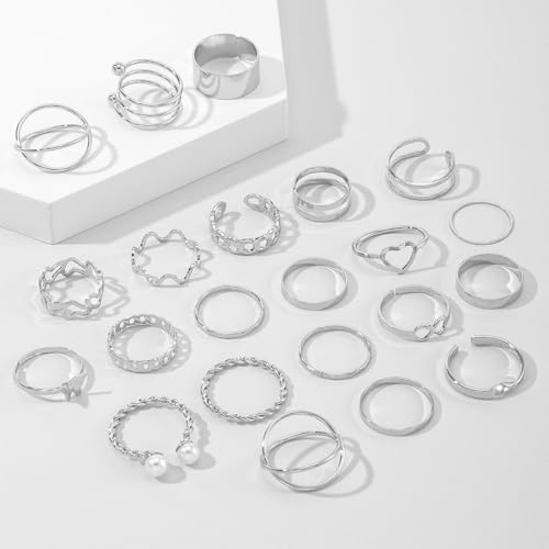 NJCXOLA 22 Stücke Silber Ringe Set Verstellbare Finger Ringe Offene Knoten Verschiedene Stapelbare Gelenkschwanz Strand Schmetterlings Herz Schmuck für Frauen Mädchen