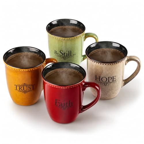 Christian Art Gifts Set of Four Rustic Stoneware Coffee/Tea Mugs w/Bible Verses Sage Green, Ivory, Paprika Red, Pumpkin Orange Inspirational Coffee/Tea Cup for Men and Women