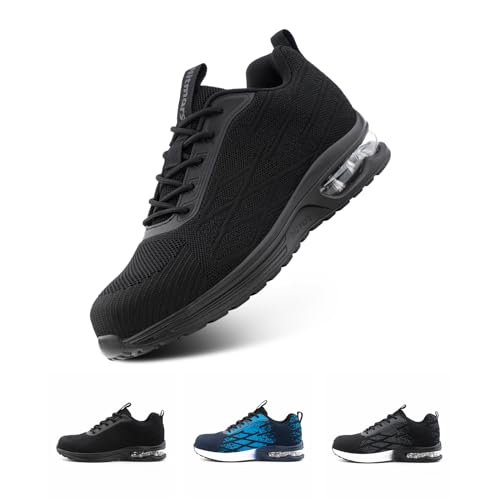 Hitmars Safety Trainers Men Work Shoes Womens Lightweight Steel Toe Cap Air Cushion Anti Slip Comfortable Shock Absorption Safety Protective Shoes T1-BlackBlack UK8.5(EU43)