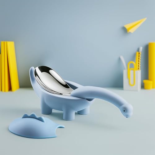 Image of Silicone Spoon for Baby, Blue Baby Feeding Spoon, Silicone Kids Spoon with Dinosaur Case, 1 Pc, Travel Friendly Mealtime Utensil, Daily Feeding Essential