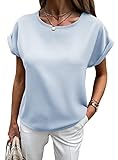 Picture of Lynwitkui Women Round Neck Chiffon Blouses Summer Short Sleeve Keyhole Back Loose Shirts Top Clothes, Sky Blue, Medium