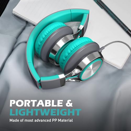 Image of AILIHEN C8 Wired Headphones with Mic and Volume Control - Noise Isolating On-Ear Headphones, Folding Lightweight Corded 3.5mm Headset for Cellphones Tablets Chromebook Laptop Computer (Grey /Mint)