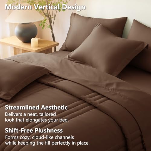 Image of CozyLux King Size Comforter Set Brown - 7 Pieces Bed in a Bag, Modern Vertical Quilted Room Decor, Soft All-Season Bedding Gift with Comforter, Sheets, Pillowcases & Shams