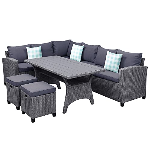 Fzzdp 5 Pcs Outdoor Conversation Set Patio Furniture Set All Weather Wicker Sectional Couch Sofa Dining Table Chair W/Ottoman&Pillow (Color : D) #TOP5