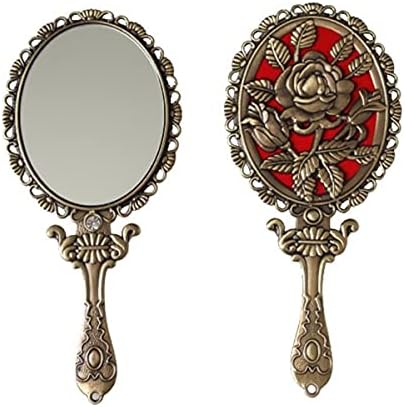 Sehamano Vintage Hand Mirror With Embossed Rose On The Back Handheld Makeup Beauty Metal Mirror Compact Purse Small Mirror (Brass (Matt Gold))