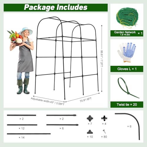 7ft Cucumber Trellis for Raised Bed, Garden Arch Trellis for Climbing Plants Outdoor Indoor, Metal Trellis Support with Net for Vegetables Tomato Zucchini Squash Beans Peas Melons, Rose Flowers,Vines