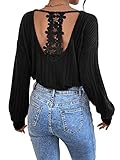 Typ: Langarmshirt mit Spitze GORGLITTER Damen Langarmshirt V Ausschnitt Sexy Oberteil mit Spitze Rückenfrei Shirt Strick Top Elegant Bluse Top Schwarz S