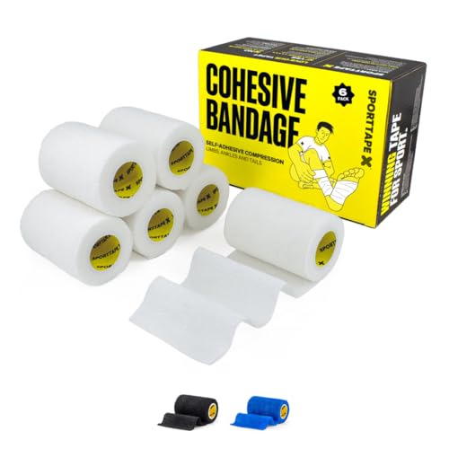 6 Rotoli SPORTTAPE Benda coesiva autoadesiva 7,5 cm x 4,5 m - Bianco | Bendaggio veterinario per cani e cavalli | Fascia compressiva sportiva per polso, caviglia, calze calcio e parastinchi