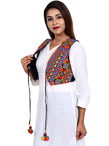 Image of Craft Trade Women's Cotton Embroidered Kutchi Jacket with Tassels Sleeveless Mirror Work