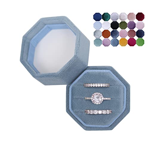 Blutete Velvet 3 Slots Jewelry Ring Box Engagement Wedding Box Keepsake Box Bridal Photo Ring Triple Slots Octagon (Ocean Blue) #TOP5