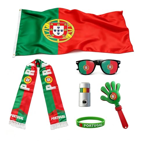 QIAOLUBI Portugal 2026 World Cup Fan Kit 6 Pcs Cheering Set for Game Day Watch Party Flag Fan Scarf Wristband Flag Glasses Hand Clapper Blendable Face Paint Sticks