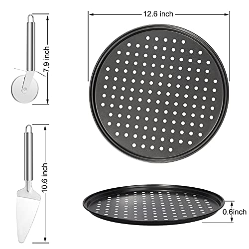 2 Pack Pizza Pan Round Pizza Board + Pizza Cutter + Pizza Slicer 12.5" Carbon Steel Pizza Baking Pan Non-Stick Cake Pizza Crisper Server Tray Stand For Home Kitchen Oven Restaurant Pizza Bakeware #TOP5