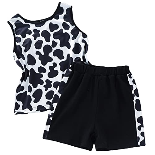 Aiihoo Jungen Sommer Kleidung Set Kuhmuster Druck Weste Ärmellos Baumwolle T-Shirt + Shorts Bekleidungsset Sportanzug Jogginganzug Schwarz 122-128 Cover
