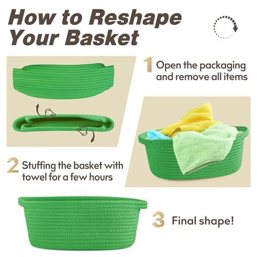 Image of Pro Goleem Small Woven Basket with Gift Bags and Ribbons Durable Baskets for Gifts Empty Small Rope Basket for Storage 12 inchX 8 inch X 5 inch Baby Toy Basket with Handles, Grass Green