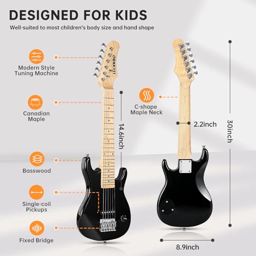 Image of 30 Inch Kids Electric Guitar Beginner Kits ST Style Mini Electric Guitar for Boys Girls,Electric guitar Starter Kit w / 5W Amplifier, Strap, Gig Bag, Strings, tuner,strings,Picks (Black)