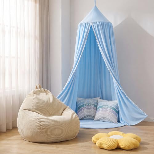 Image of 5 Pcs Reading Nook Set for Kids, Kids Reading Corner Decor with Bean Bag Chair Cover & Throw Pillow Cover(No Filler) Canopy and Flower Pillow for Bedroom Playroom Nursery(Blue)
