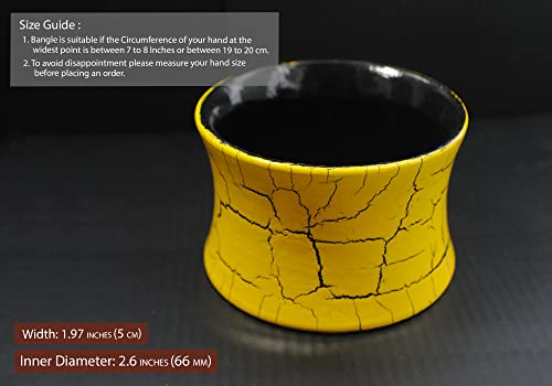 Sunken Sunny - Handmade Concave Shaped Wooden Bangle Hand Painted In Empire Yellow & Processed To Crackle Finish Revealing Black Base Color In A Pure Cotton Designer Gift Bag For Girls & Women #TOP2
