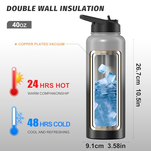 Image of 40oz Insulated Water Bottle (Cold for 48 Hrs),BPA Free&Leak Proof,Stainless Steel Water Flask,Water Jug with Straw Spout Lids for Gym,Hiking,Travel,Grey Black
