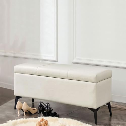 Shally Dogan Pouf Cassapanca Premium con Rivestimento in Ecopelle Design Moderno Luxury, Pouf Poggiapiedi per Camera da Letto, Soggiorno, Salotto, Panca Sgabello con Piedini in Metallo (Beige)