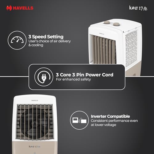 Image of Havells Kalt Pro 17 L Personal Air Cooler for Room|With Fan & 3 Side Bacteria Shield Honeycomb Pads|Aerodynamically Designed Blades|Sleek & stunning design |Front Wheel with Brakes|Inverter Compatible