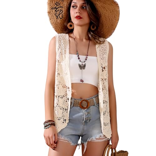 Image of Women's Crochet Floral Boho Lace Trim Sleeveless Kimono Open Front Vest Cardigan