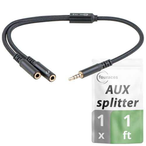 fouraces AUX y Splitter - 4 Pole, Adapter Cable Very Short - 1 ft - 3.5 mm - 2 Headphone Connections for PC, PS4, Microphone - Jack Crossover, Audio Splitter for Two People