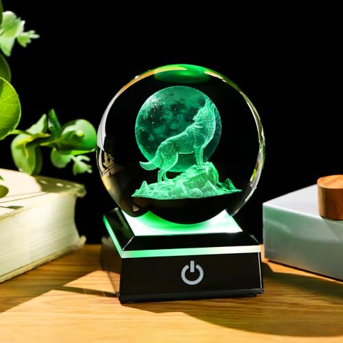Arikyrist 3D Moon Wolf Crystal Ball Figurine with Colorful LED Base, Laser Wolf Gifts for Women Men Wolves Lovers, Wolf Statue Glass Animal Decorative Ball for Christmas Birthday Home Decor (80mm)