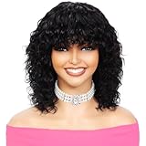 LYOLKSER glueless short water wave human hair wig with bangs 200% density 100 percent human hair no lace wet and wavy wigs for black women 12 inch natural color