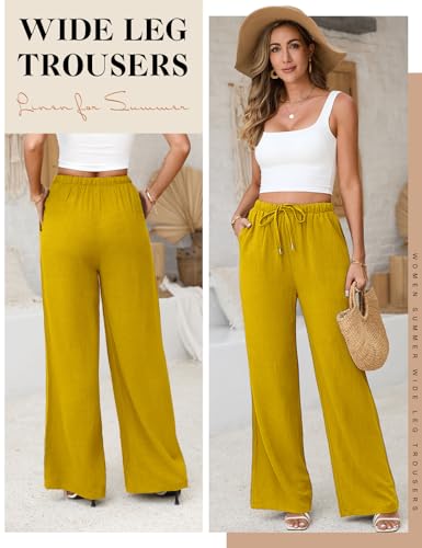 Image of UMIPUBO Womens Linen Pants Flowy Palazzo Wide Leg Pants | Casual Pants,High Waisted Drawstring Trousers,Drawstring Elastic Waist Trousers,Summer Beach Vacation Pants