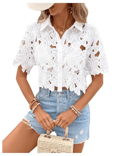 SOLY HUX Women's Floral Lace Cropped Blouses Hollow Out Crop Tops Blouse Short Sleeve Button Down Shirts