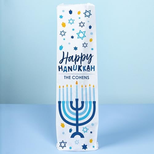 Big Dot of Happiness Personalized Hanukkah Wine Gift Bags, Chanukah Holiday Party Hostess Thank You Wine Bottle Gift Wrap, Custom Bulk Holiday Paper Bags - 12 ct