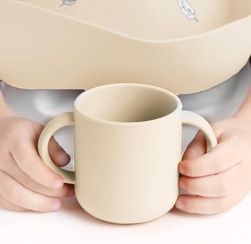 Meleni Baby 4'lü Silikon Beslenme Seti - Silikon Mama Önlüğü Kulplu Bardak Vakum Tabanlı Tabak Mama Kaşığı Krem - Görsel 6