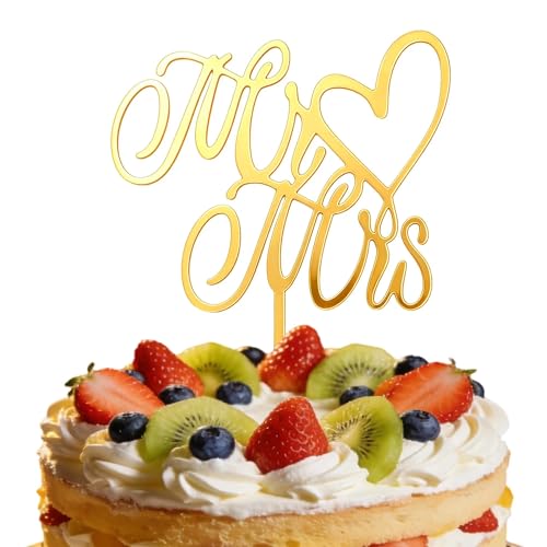 Gold mirror acrylic Mr. and Mrs. script cake topper with heart