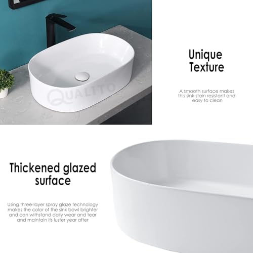 Image of QUALITO Table Top Wash Basin for Bathroom, Living Room, Hall, Dinning Room | Countertop /Over Counter Ceramic Vessel Sink /Basin | Glossy Finish Table Top Wash Basin (White, 20x13x5 Inch)